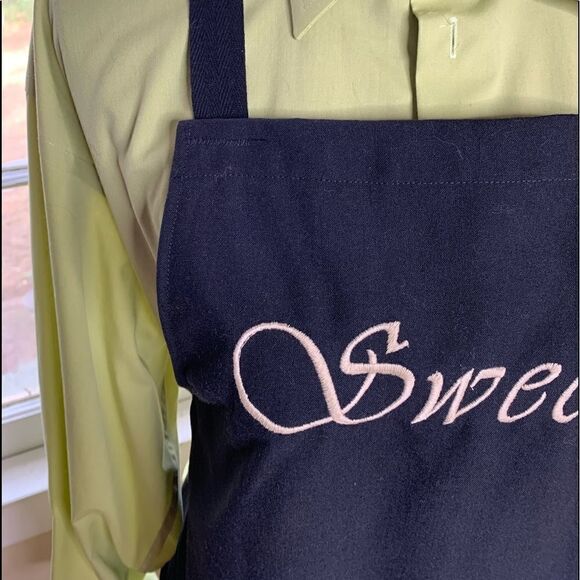 At Home with Susan Fleming personality apron “Sweet” black with tan thread - Picture 3 of 10